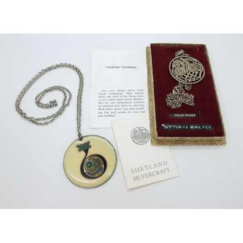 883 - A Shetland Silver Sleipnir pattern pendant and chain, in original box,  together with a further knot... 