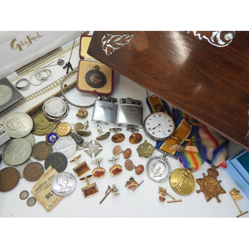 893 - A mother of pearl inlaid wooden box with, 1st World War medals, a 1902 silver Coronation medal, with... 