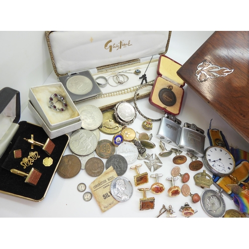 893 - A mother of pearl inlaid wooden box with, 1st World War medals, a 1902 silver Coronation medal, with... 