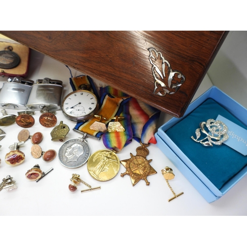 893 - A mother of pearl inlaid wooden box with, 1st World War medals, a 1902 silver Coronation medal, with... 