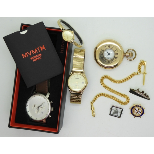 897 - A gold plated Waltham half hunter pocket watch, a Sekonda watch, a ladies Lorus and a further fashio... 