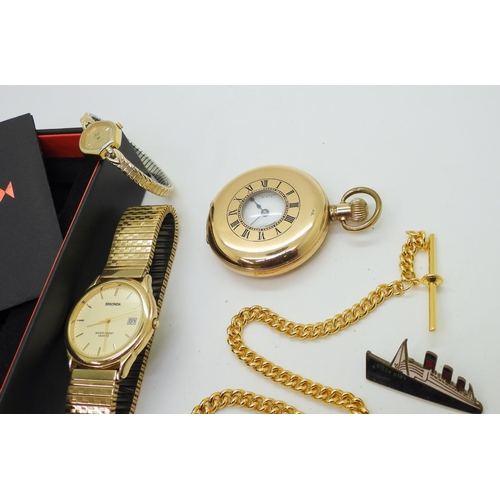 897 - A gold plated Waltham half hunter pocket watch, a Sekonda watch, a ladies Lorus and a further fashio... 