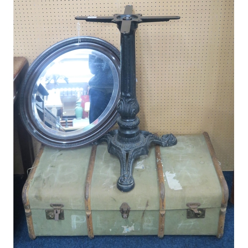 90 - A lot comprising a 20th century cast iron pub table base, Victorian oval frame wall mirror and a woo... 