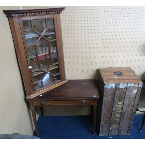 97 - A lot comprising a Victorian mahogany single drawer fold over tea table, an astragal glazed corner c... 