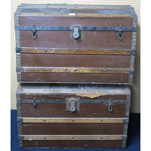 98 - A lot of two assorted wood bound dome top travel trunks (2)