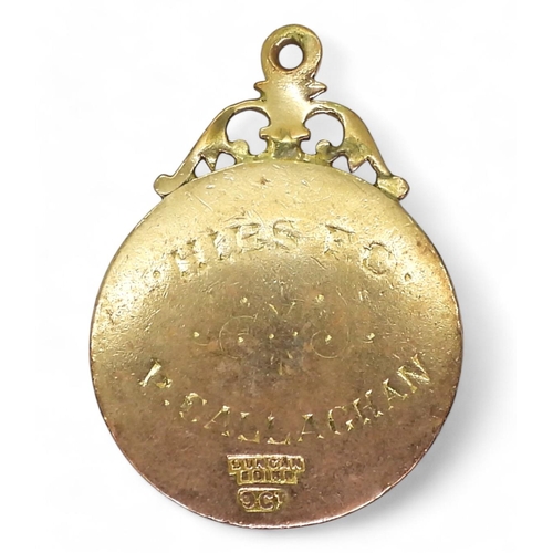 567 - Patrick Callaghan of Hibernian F.C. - a 9ct gold and enamel Wilson Cup 1913 fob medal by Duncan, Edi... 