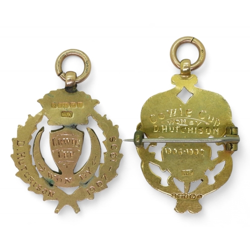 574 - Two 9ct gold Cowie Cup winner's medals by William Adams, Birmingham, won by D. Hutchinson for the ye... 