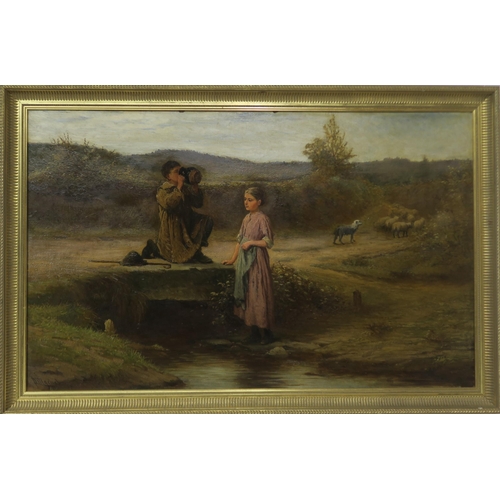 901 - PETER MACNAB (SCOTTISH 1830-1900) SHEPHERDS DRINKING BY THE RIVER Oil on canvas, signed lo... 