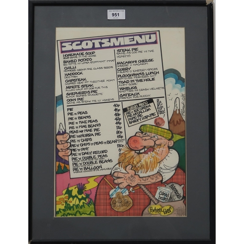 951 - MALKY MCCORMICK (SCOTTISH 1943-2019) SCOTSMENU Ink on paper, signed right, dated (19)87, 4... 