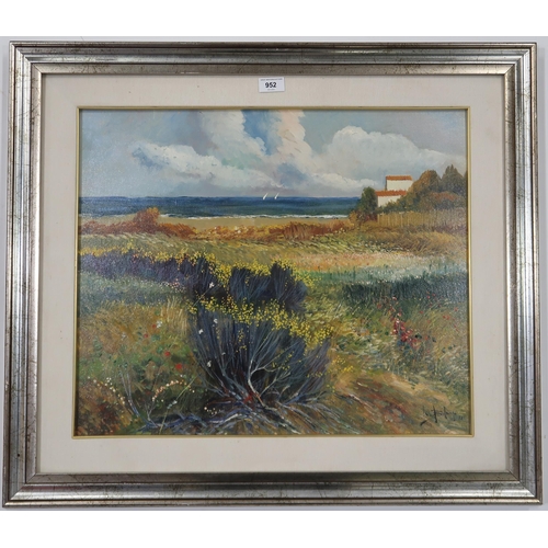 952 - ENZO BICLUNGO (ITALIAN CONTEMPORARY) PAESAGGIO COSTIERO Oil on board, signed lower right, ... 