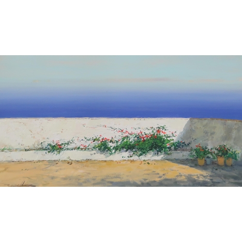 968 - RAMON VILLA (SPANISH CONTEMPORARY) TERRACE ON THE SEA Oil on canvas, signed lower left, 34... 