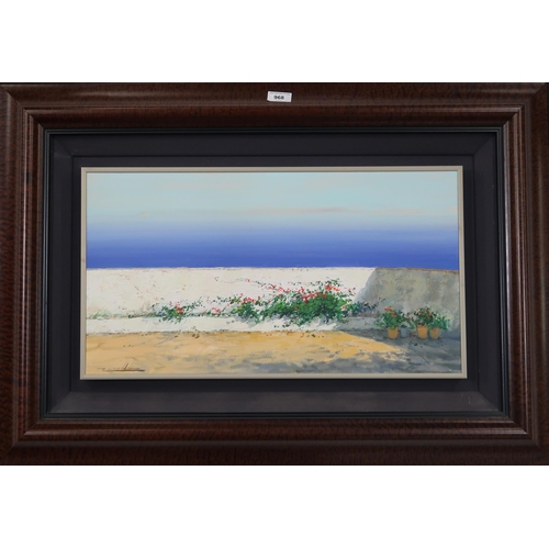 968 - RAMON VILLA (SPANISH CONTEMPORARY) TERRACE ON THE SEA Oil on canvas, signed lower left, 34... 