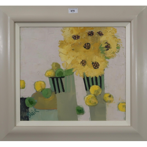 970 - JANE BLAIR (SCOTTISH CONTEMPORARY) LEMONS AND SUNFLOWERS  Oil on canvas, signed lower left, 40 x 45c... 