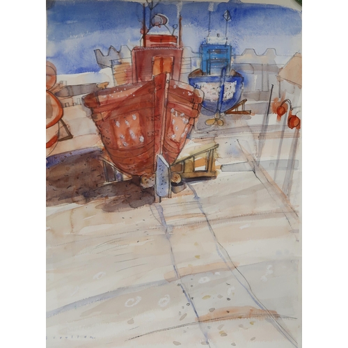 991 - GLEN SCOULLER (SCOTTISH b.1950) BOATS ON WARD STANDING Watercolour, signed lower left, 75 ... 