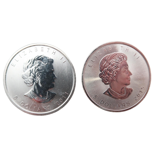 337 - CANADA ELIZABETH II SILVER 5 DOLLARS 2011 and 2015ObverseHead of Queen Elizabeth II, as at 77 years ... 