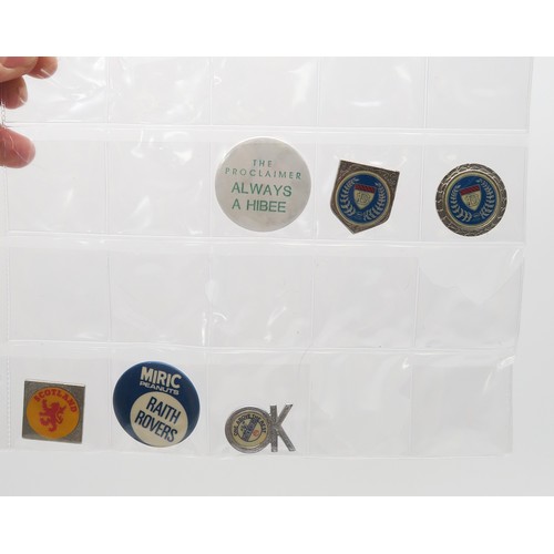 604 - A large collection of enamel sports pin badges, including speedway, football and curling club exampl... 