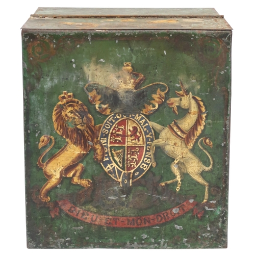 2011 - A 19TH CENTURY METALLIC GREEN PAINTED TEA CRATE with split hinged lid over front painted with B... 