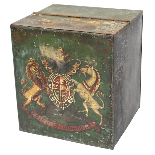 2011 - A 19TH CENTURY METALLIC GREEN PAINTED TEA CRATE with split hinged lid over front painted with B... 