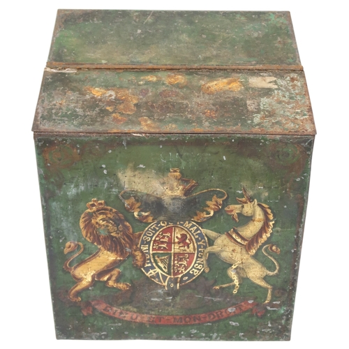 2011 - A 19TH CENTURY METALLIC GREEN PAINTED TEA CRATE with split hinged lid over front painted with B... 