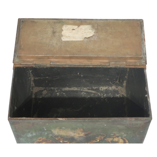 2011 - A 19TH CENTURY METALLIC GREEN PAINTED TEA CRATE with split hinged lid over front painted with B... 