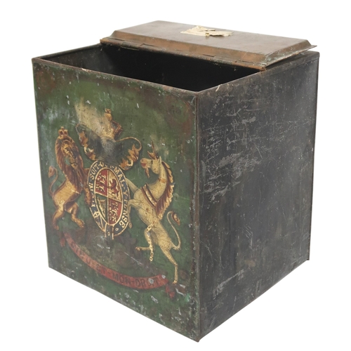 2011 - A 19TH CENTURY METALLIC GREEN PAINTED TEA CRATE with split hinged lid over front painted with B... 