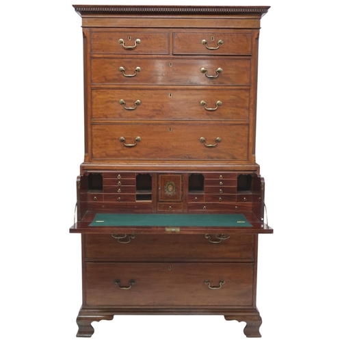 2013 - A 19TH CENTURY MAHOHGANY SECRETAIRE CHEST ON CHEST with dentil cornice over two short over thre... 