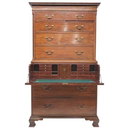 2013 - A 19TH CENTURY MAHOHGANY SECRETAIRE CHEST ON CHEST with dentil cornice over two short over thre... 