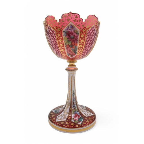 2151 - A BOHEMIAN GLASS CENTREPIECE BOWL ON STEMthe white cased red glass cut with panels decorated with fl... 