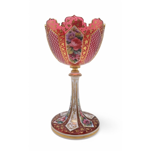 2151 - A BOHEMIAN GLASS CENTREPIECE BOWL ON STEMthe white cased red glass cut with panels decorated with fl... 