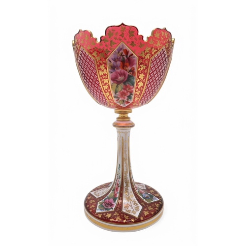 2151 - A BOHEMIAN GLASS CENTREPIECE BOWL ON STEMthe white cased red glass cut with panels decorated with fl... 