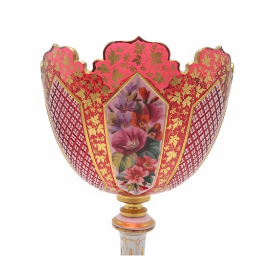 2151 - A BOHEMIAN GLASS CENTREPIECE BOWL ON STEMthe white cased red glass cut with panels decorated with fl... 