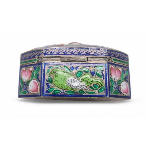 2353 - AN INDIAN MUGHAL SILVER AND ENAMEL PAN BOXLucknow, 19th century, of canted form, decorated with bird... 