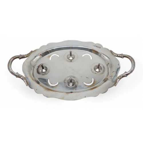 2362 - AN EDWARDIAN SILVER EGG CRUETby Walker & Hall, Sheffield 1910, the base shaped as a twin-handled... 