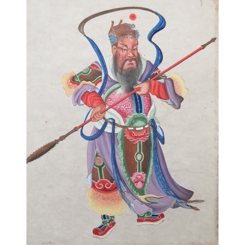 2257 - CHINESE PAINTINGS ALBUMComprising;Three dieties,war lord,archer,30 x 20cm approx,eight itinerant wor... 