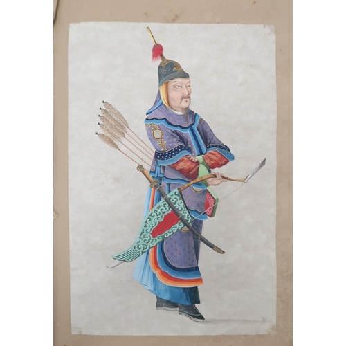 2257 - CHINESE PAINTINGS ALBUMComprising;Three dieties,war lord,archer,30 x 20cm approx,eight itinerant wor... 