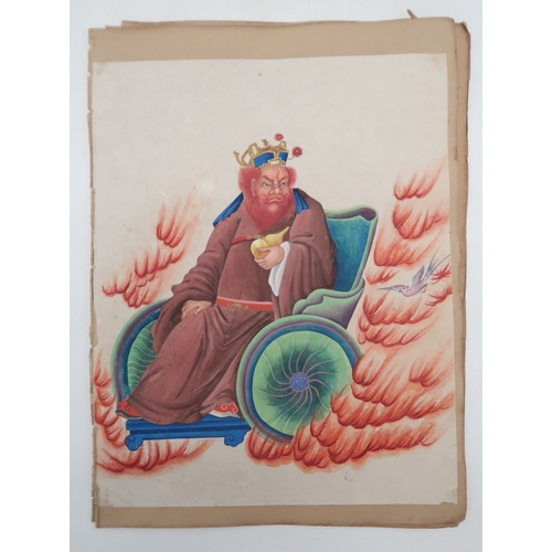 2257 - CHINESE PAINTINGS ALBUMComprising;Three dieties,war lord,archer,30 x 20cm approx,eight itinerant wor... 