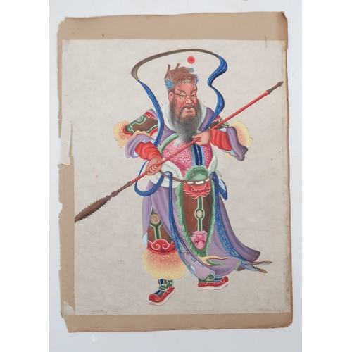 2257 - CHINESE PAINTINGS ALBUMComprising;Three dieties,war lord,archer,30 x 20cm approx,eight itinerant wor... 