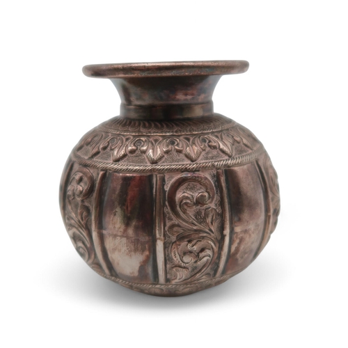 300 - An Indian white metal vase, stamped S925 to base, of spherical form, with engraved scrolling foliate... 