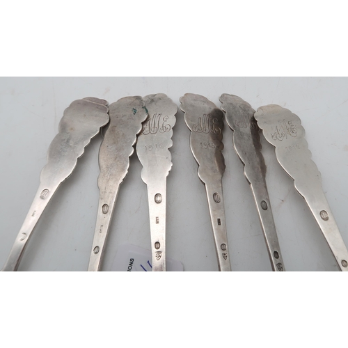 314 - A set of six Danish silver seaweed pattern tablespoons, some with monograms and dates to the reverse... 