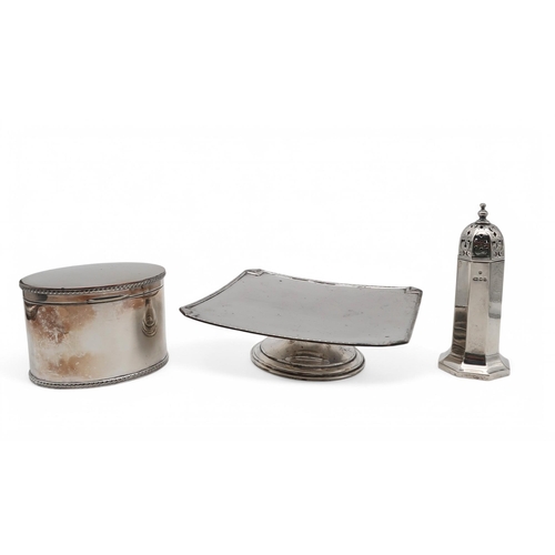 320 - A silver caster, London 1911, of faceted form, a plated tea caddy and tazza, weighable silver 175gms... 