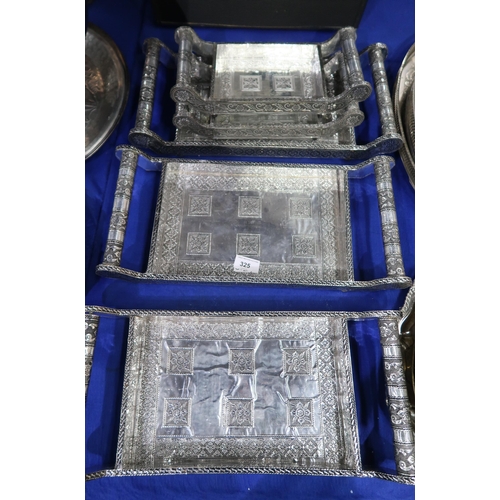 325 - A collection of EPNS including entree dishes, a set of silvered wooden trays, oval trays, salvers, s... 