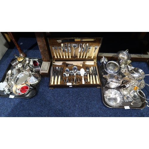 331 - A collection of EPNS including a  canteen of stainless steel ivorine handled cutlery, tea pots, spec... 