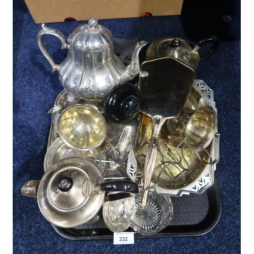 332 - A collection of EPNS including teapots, a swing handled basket, cruet set, loose cutlery, butter dis... 