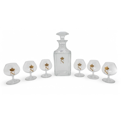 151 - A Baccarat Harcourt brandy decanter and six small glasses, all with gilt Napoleon N and crown