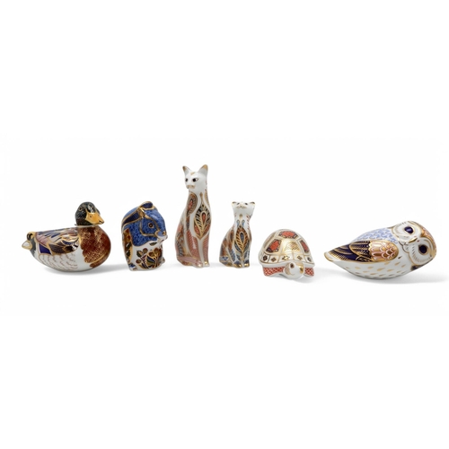 161 - Six Royal Crown Derby paperweights including owl, Mallard duck, Debenham's Squirrel, Tortoise, Egypt... 