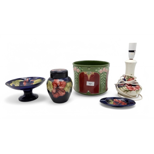 167 - An Eichwald plant pot, together with a Moorcroft hibiscus tazza, ginger jar and trinket dish, togeth... 