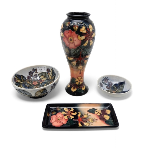 171 - A Moorcroft Bramble pattern bowl and dish, together with an Oberon pattern vase and a pin dish