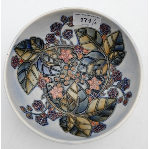 171 - A Moorcroft Bramble pattern bowl and dish, together with an Oberon pattern vase and a pin dish