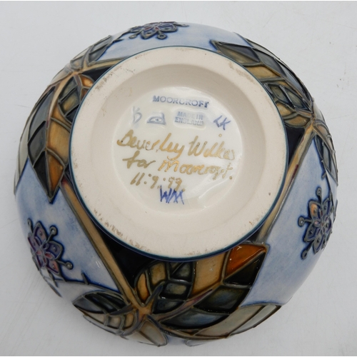 171 - A Moorcroft Bramble pattern bowl and dish, together with an Oberon pattern vase and a pin dish