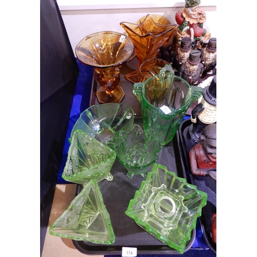 174 - A collection of 1930's glassware including a pair of uranium glass vases, other uranium pieces, Czec... 